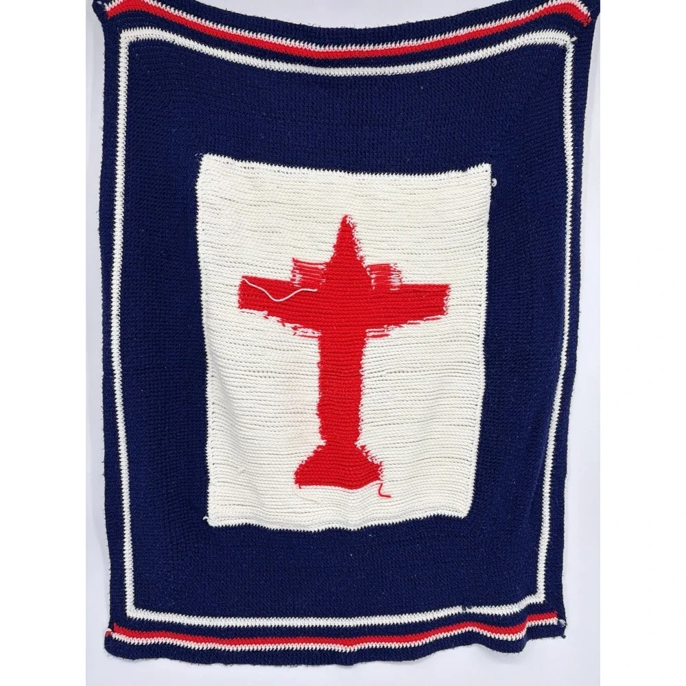 Vintage Handmade Crochet Knit Baby Blanket Airplane Red White Blue 44